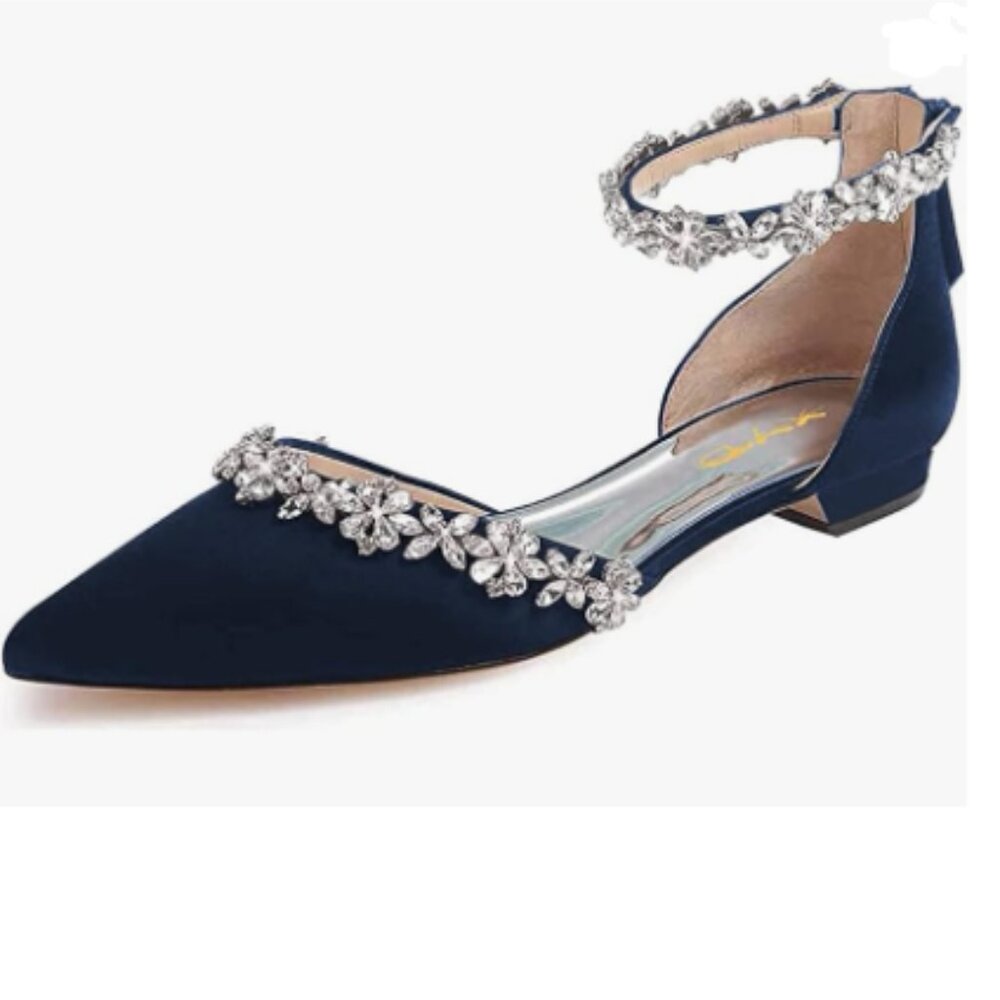 XYD Navy Pointed Toe D'Orsay Wedding Sandal Sparkly Rhinestones Ankle Strap Shoe